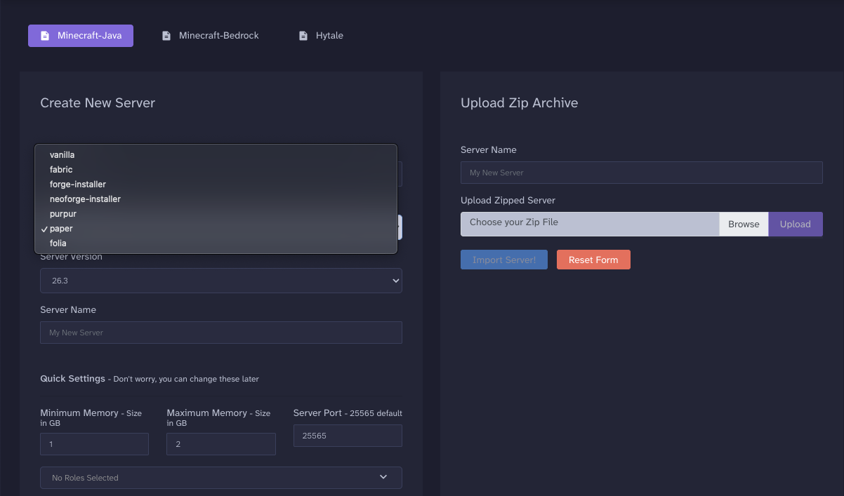 Paper selected in the Server Select menu